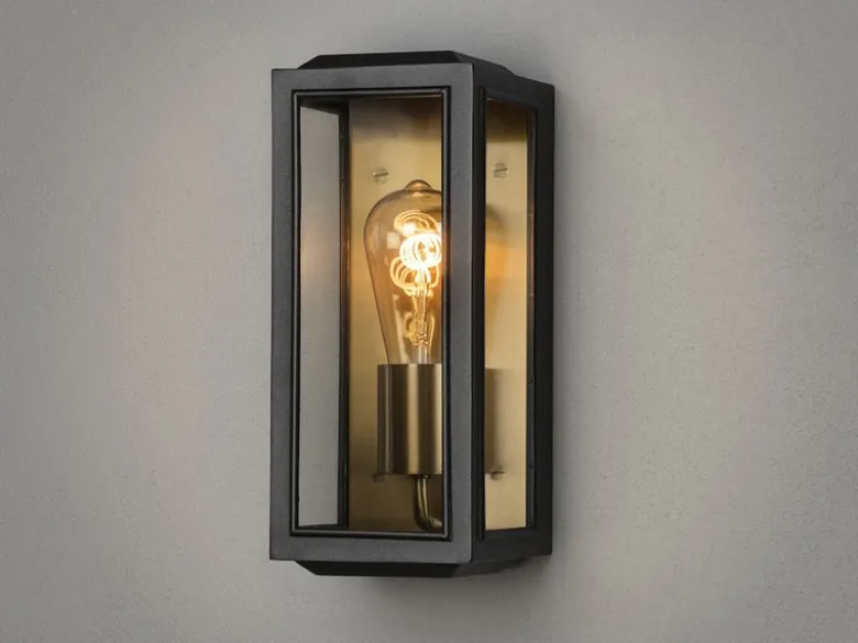 Schmale LED Außenwandlaterne Schwarz-Messing mit Klarglas, Höhe 30cm
