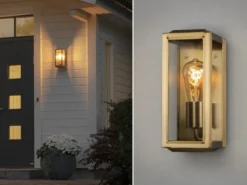 Schmale LED Außenwandlaterne aus Messing mit Klarglas, Höhe 30cm