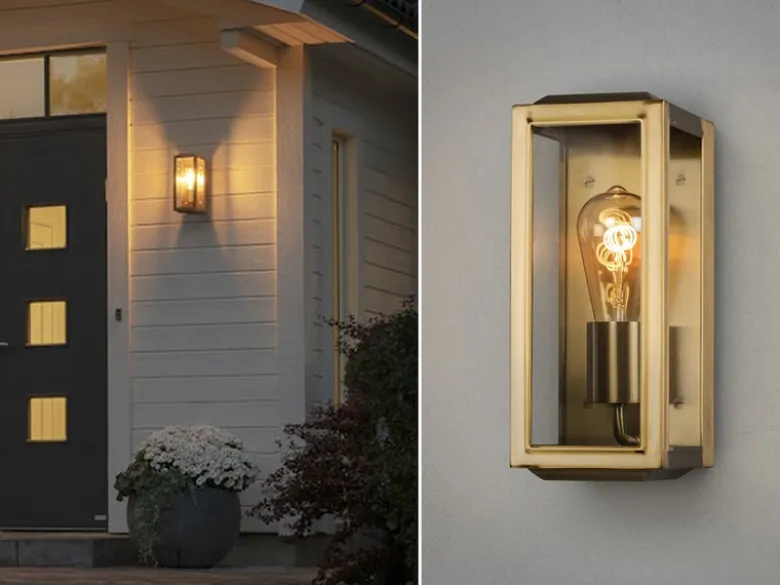 Schmale LED Außenwandlaterne aus Messing mit Klarglas, Höhe 30cm