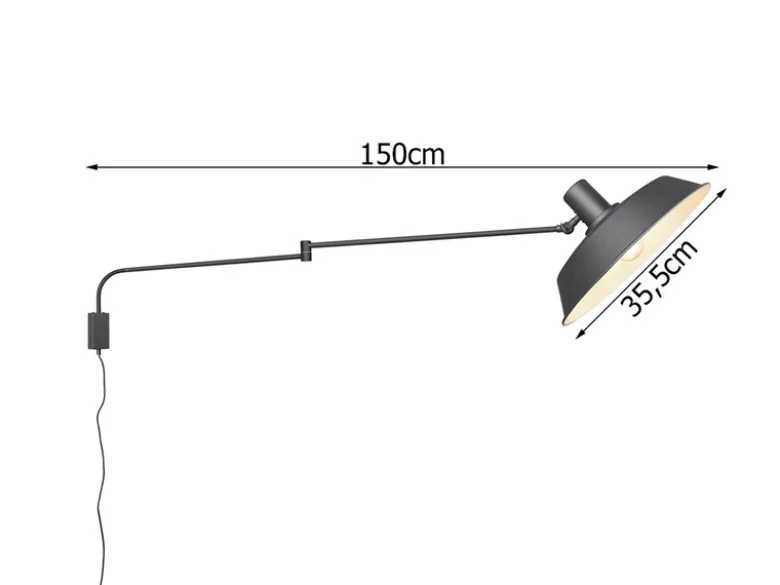 Schwenkbare Wandlampe BOLDER mit Metallschirm Schwarz, Schnurschalter & Stecker
