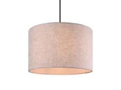 Skandinavische LED Pendelleuchte mit beigem Stoffschirm und Naturholz, Ø 35cm