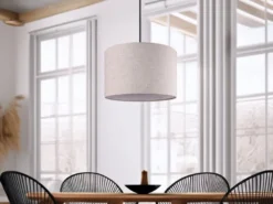 Skandinavische LED Pendelleuchte mit beigem Stoffschirm und Naturholz, Ø 35cm