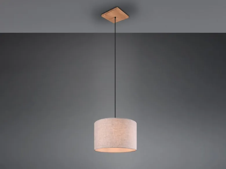 Skandinavische LED Pendelleuchte mit beigem Stoffschirm und Naturholz, Ø 35cm