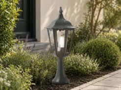 Sockelleuchte aus Aluminium Grün, antike E27 Gartenlaterne, Höhe 55cm