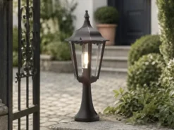 Sockelleuchte aus Aluminium Schwarz, antike E27 Gartenlaterne, Höhe 55cm