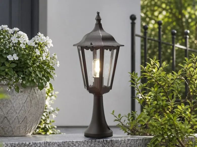 Sockelleuchte aus Aluminium Schwarz, antike E27 Gartenlaterne, Höhe 55cm