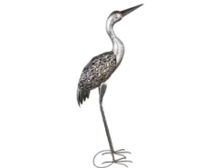 Solarbetriebene LED Deko Figur Kranich aus Metall in Grau, Höhe 77cm