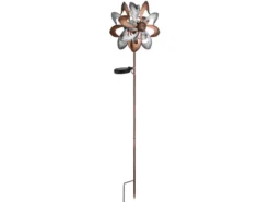 Solar Gartenstecker Windrad mit Erdspieß in Kupfer & Silber patiniert, Höhe 92cm
