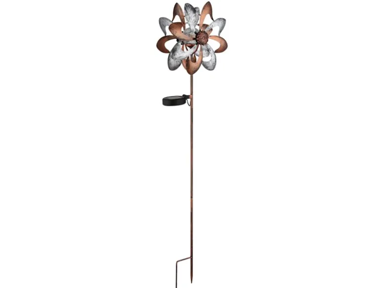 Solar Gartenstecker Windrad mit Erdspieß in Kupfer & Silber patiniert, Höhe 92cm