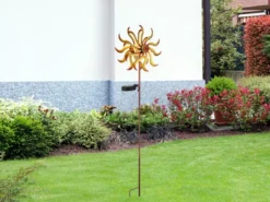 Solar Gartenstecker Windrad mit Erdspieß in Orange-Gelb & Kupfer, Höhe 92cm
