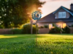 Solar Gartenstecker Windrad mit Erdspieß in Blau & Kupfer patiniert, Höhe 92cm