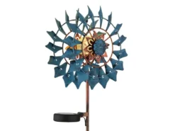 Solar Gartenstecker Windrad mit Erdspieß in Blau & Kupfer patiniert, Höhe 92cm