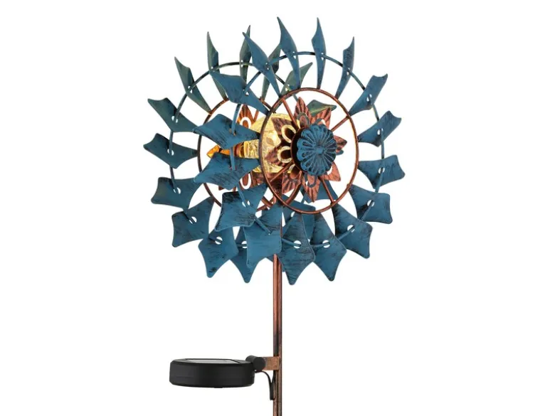 Solar Gartenstecker Windrad mit Erdspieß in Blau & Kupfer patiniert, Höhe 92cm