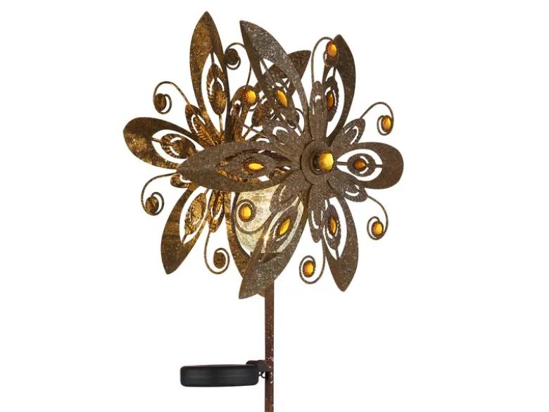 Solar Gartenstecker Windspiel mit Erdspieß aus Metall in Rostoptik, Höhe 124cm