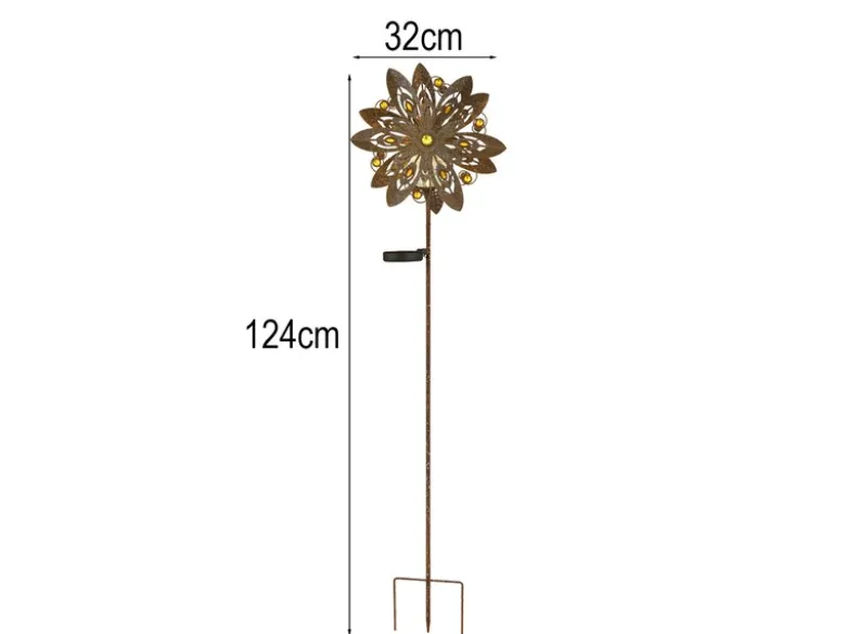Solar Gartenstecker Windspiel mit Erdspieß aus Metall in Rostoptik, Höhe 124cm