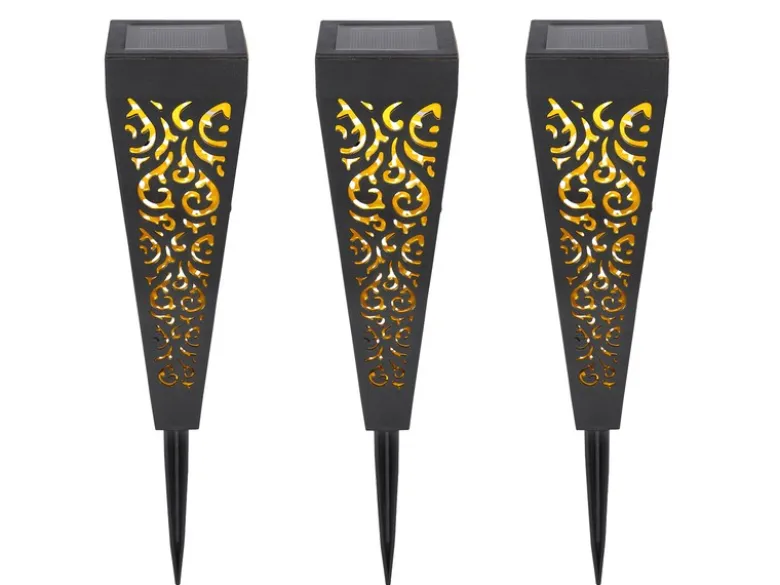 Solarlampen 3er Set mit Erdspieß, Dekostanzungen Schwarz Gold, H.33cm