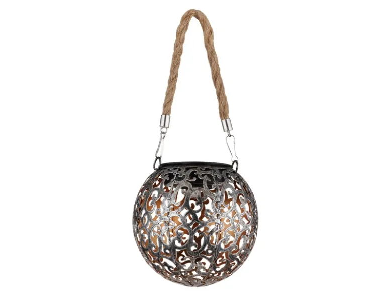 Solarlaterne Hängeleuchte mit Seil, Leuchtkugel Metall Silber Antik Ø12cm