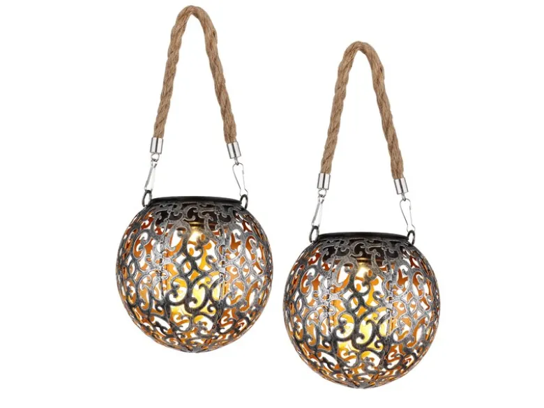 Solarlaternen 2er SET Hängeleuchten mit Seil, Solarkugeln Silber Antik Ø12cm