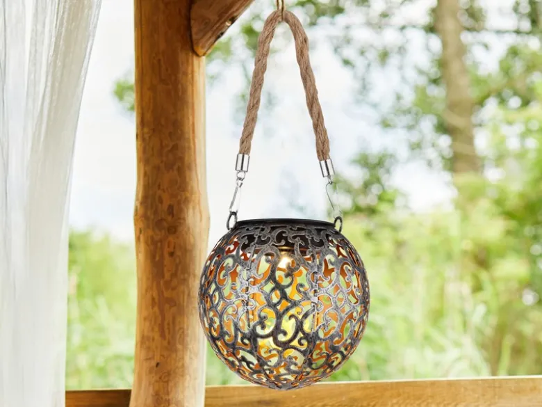Solarlaternen 2er SET Hängeleuchten mit Seil, Solarkugeln Silber Antik Ø12cm
