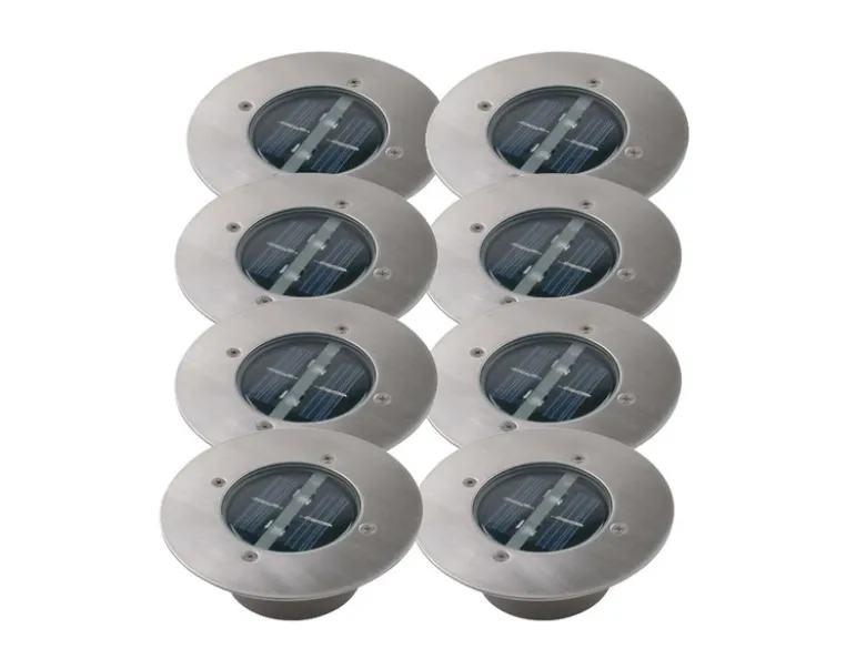 Solar LED Bodeneinbaustrahler 8er SET für Außen, Edelstahl rund Ø14cm IP67