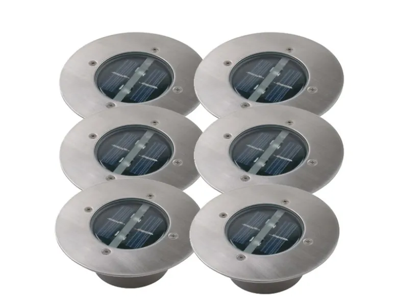 Solar LED Bodeneinbaustrahler 6er SET für Außen, Edelstahl rund Ø14cm IP67