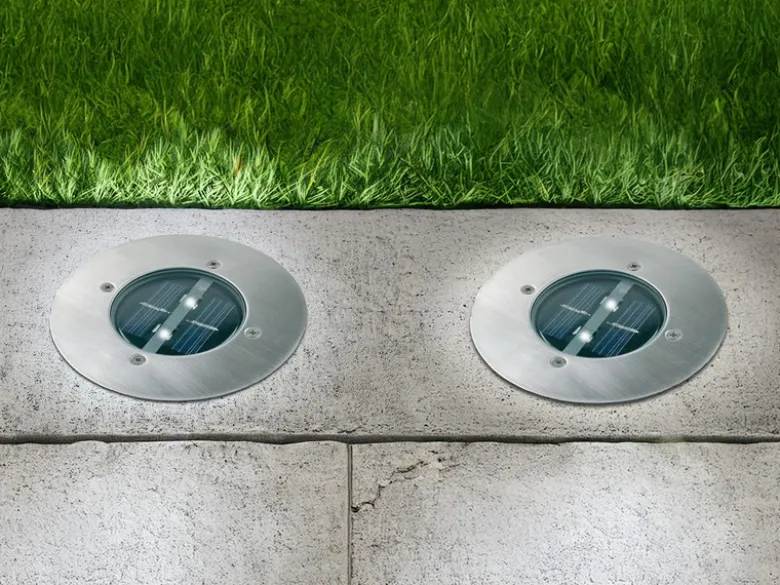 Solar LED Bodeneinbaustrahler 2er SET für Außen, Edelstahl rund Ø14cm IP67