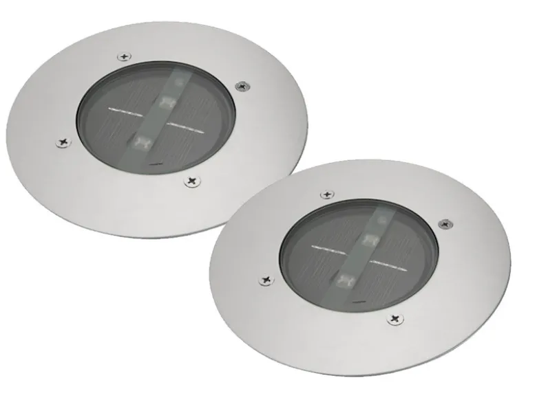 Solar LED Bodeneinbaustrahler 2er SET für Außen, Edelstahl rund Ø14cm IP67