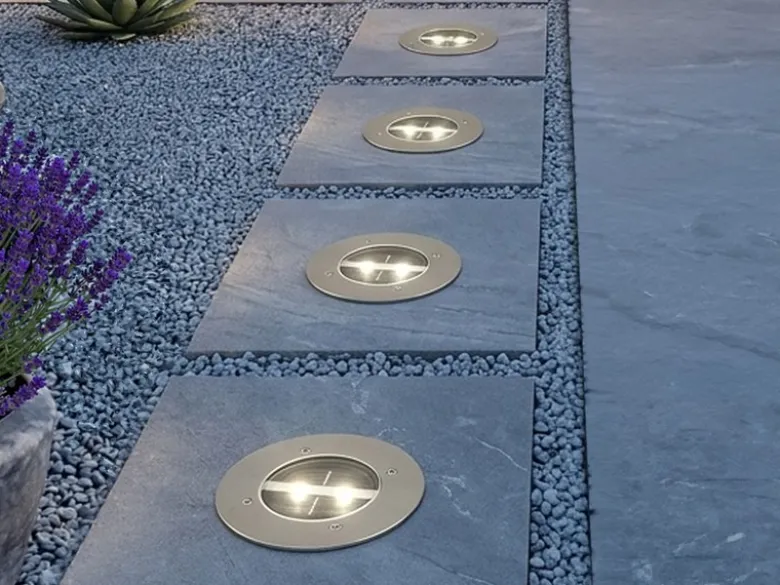 Solar LED Bodeneinbaustrahler 4er SET für Außen, Edelstahl rund Ø14cm IP67