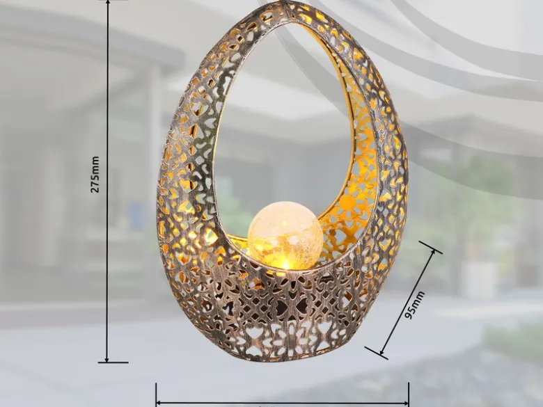 Solarleuchte mit Crackleglas Kugel, Dekorstanzungen Bronzefarben, Höhe 27,5cm