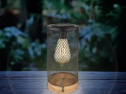 Solar Tischleuchten 2er SET Drahtgeflecht schwarz mit Holzsockel, Höhe 25,5cm