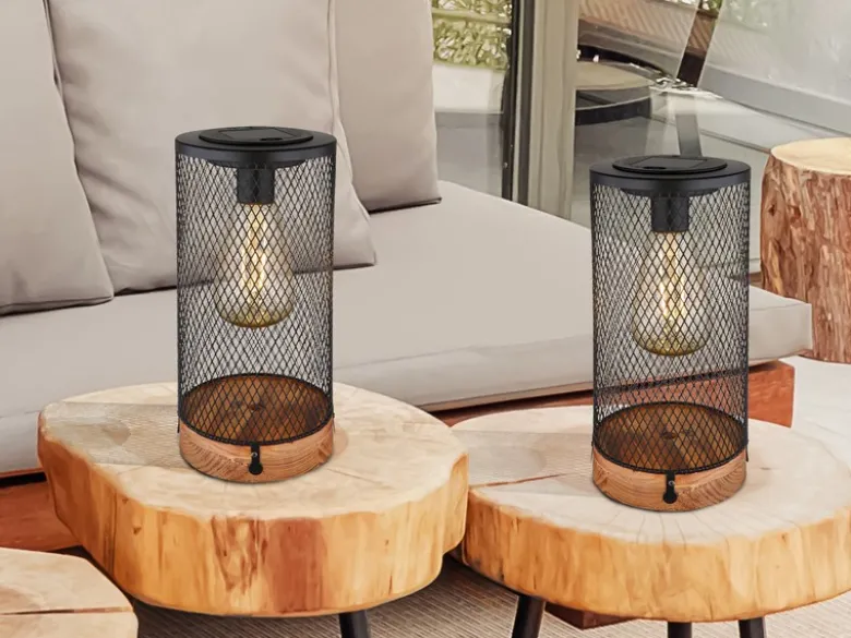 Solar Tischleuchten 2er SET Drahtgeflecht schwarz mit Holzsockel, Höhe 25,5cm