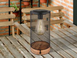 Solar Tischleuchten 2er SET Drahtgeflecht schwarz mit Holzsockel, Höhe 25,5cm