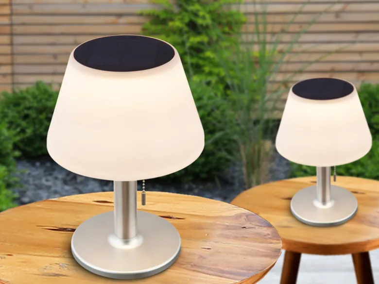 Solar Tischleuchten 2er Set mit Zugschalter, Lampenschirm weiß Höhe 28cm