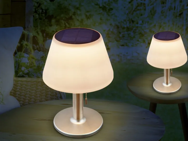 Solar Tischleuchten 2er Set mit Zugschalter, Lampenschirm weiß Höhe 28cm