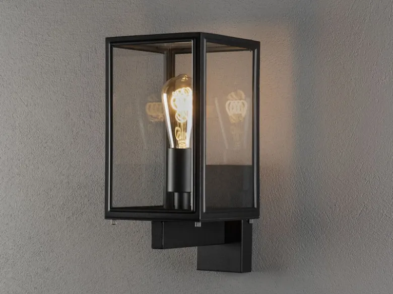 Stehende LED Außenwandlaterne Schwarz mit Klarglas, Höhe 33cm