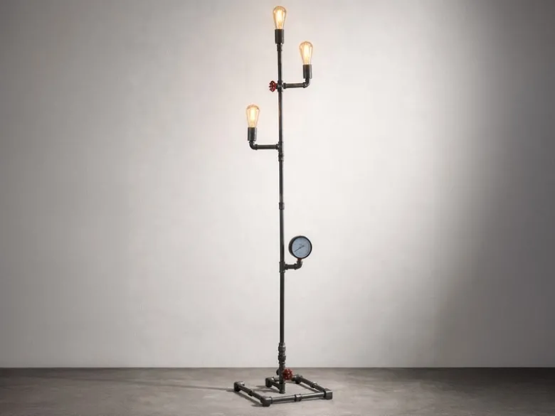 Stehlampe AMARCORD 3-flammig Wasserrohr Optik Grau antik, Höhe 159cm