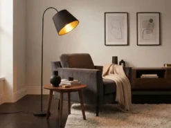 Stehlampe LAUREA gebogen mit E27 Stoffschirm Schwarz Gold, Höhe 156cm