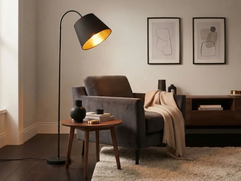 Stehlampe LAUREA gebogen mit E27 Stoffschirm Schwarz Gold, Höhe 156cm