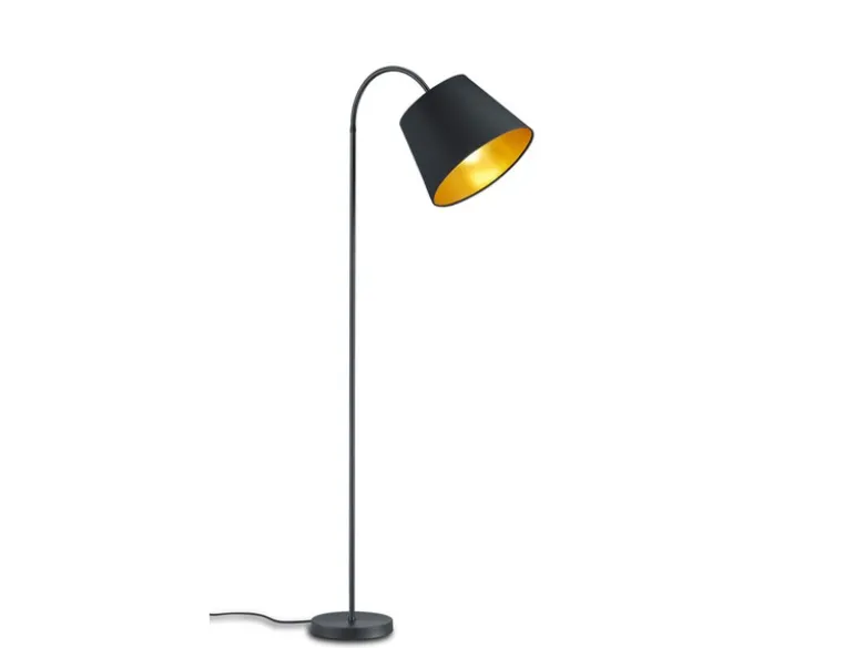 Stehlampe LAUREA gebogen mit E27 Stoffschirm Schwarz Gold, Höhe 156cm