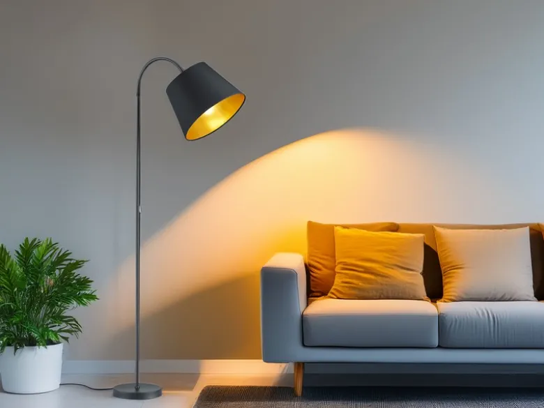 Stehlampe LAUREA gebogen mit E27 Stoffschirm Schwarz Gold, Höhe 156cm