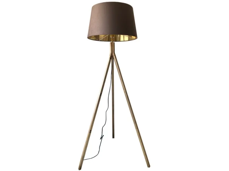 Stehlampe mit Holz Dreibein & E27 Samt Lampenschirm Braun Gold, Höhe 157cm