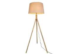 Stehlampe mit Holz Dreibein & E27 Leinen Lampenschirm Beige, Höhe 157cm