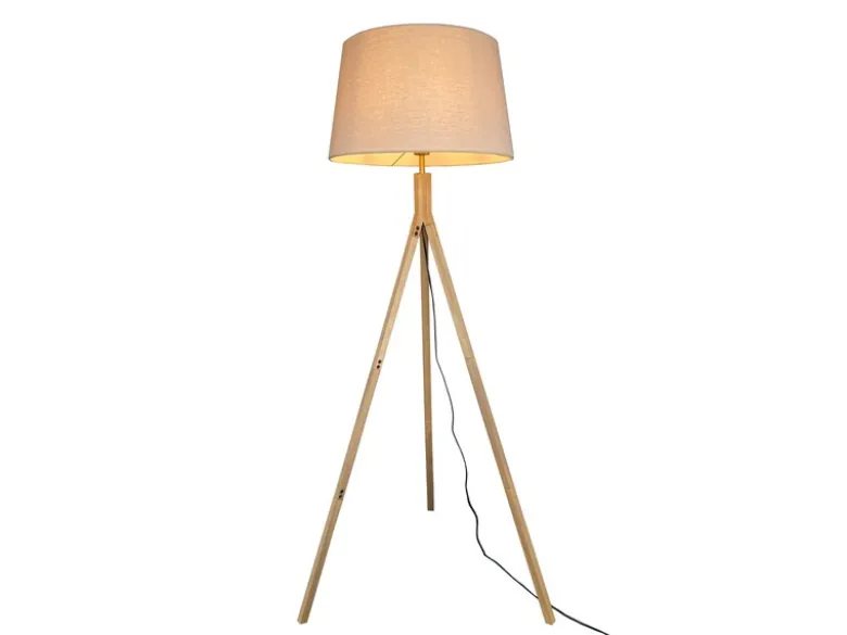 Stehlampe mit Holz Dreibein & E27 Leinen Lampenschirm Beige, Höhe 157cm
