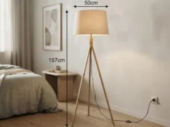 Stehlampe mit Holz Dreibein & E27 Leinen Lampenschirm Beige, Höhe 157cm