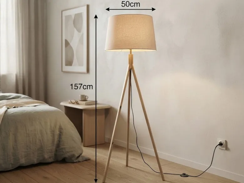 Stehlampe mit Holz Dreibein & E27 Leinen Lampenschirm Beige, Höhe 157cm