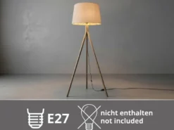 Stehlampe mit Holz Dreibein & E27 Leinen Lampenschirm Beige, Höhe 157cm