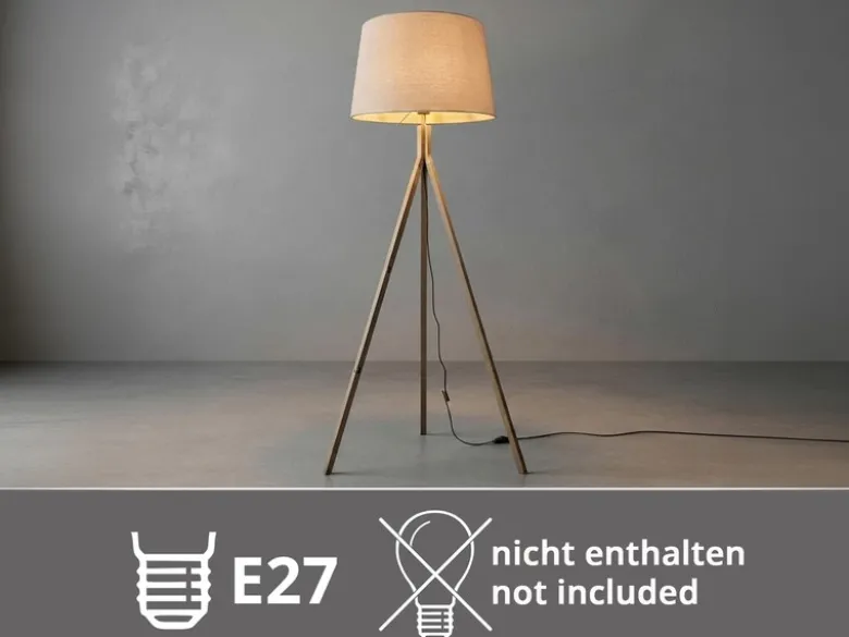 Stehlampe mit Holz Dreibein & E27 Leinen Lampenschirm Beige, Höhe 157cm