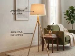 Stehlampe mit Holz Dreibein & E27 Leinen Lampenschirm Beige, Höhe 157cm