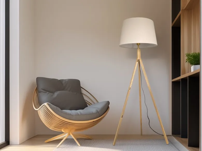 Stehlampe mit Holz Dreibein & E27 Leinen Lampenschirm Beige, Höhe 157cm