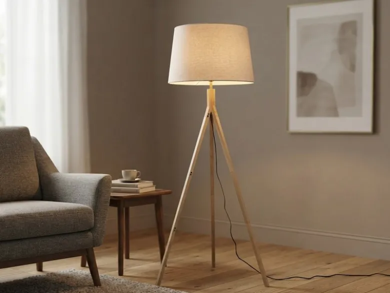 Stehlampe mit Holz Dreibein & E27 Leinen Lampenschirm Beige, Höhe 157cm